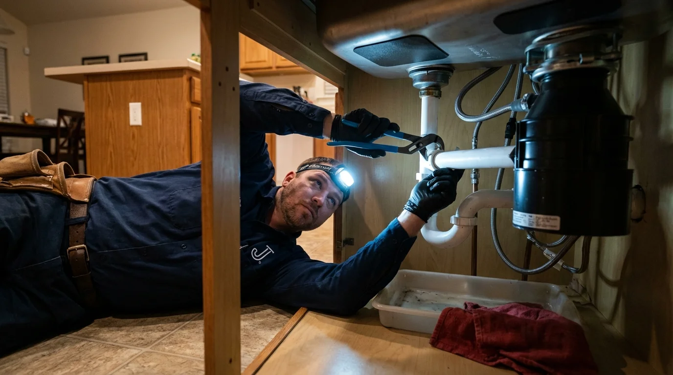 P-trap and supply line connections under a kitchen sink showing a common leak point in Georgetown, PA